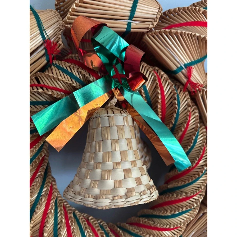 Vintage Scandanavian‎ Hand Woven Straw Christmas Wreath Star Pom Poms Bell 23
